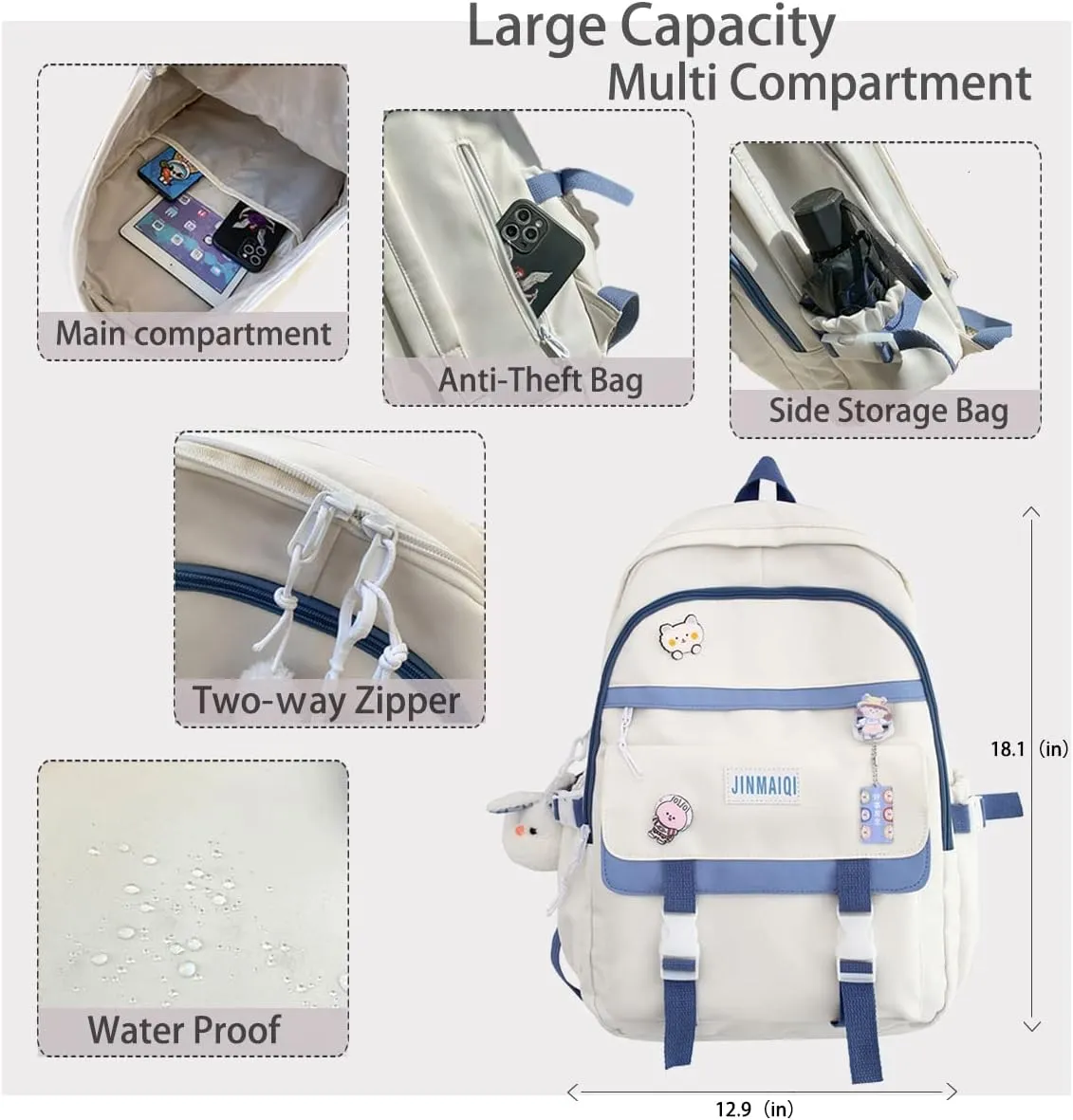 Kawaii Backpack with Cute Pin Accessories Plush Pendant Student Bag Large Capacity Waterproof Travel Backpack(White)