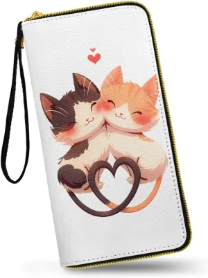 Kawaii Cat Print Women's Wallet Long Clutch White Zip Around Travel Leather Purse, Cartoon Kitty Couple Ladies Credit Card Holder Wallet
