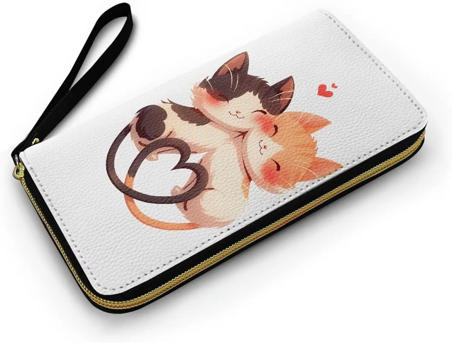 Kawaii Cat Print Women's Wallet Long Clutch White Zip Around Travel Leather Purse, Cartoon Kitty Couple Ladies Credit Card Holder Wallet
