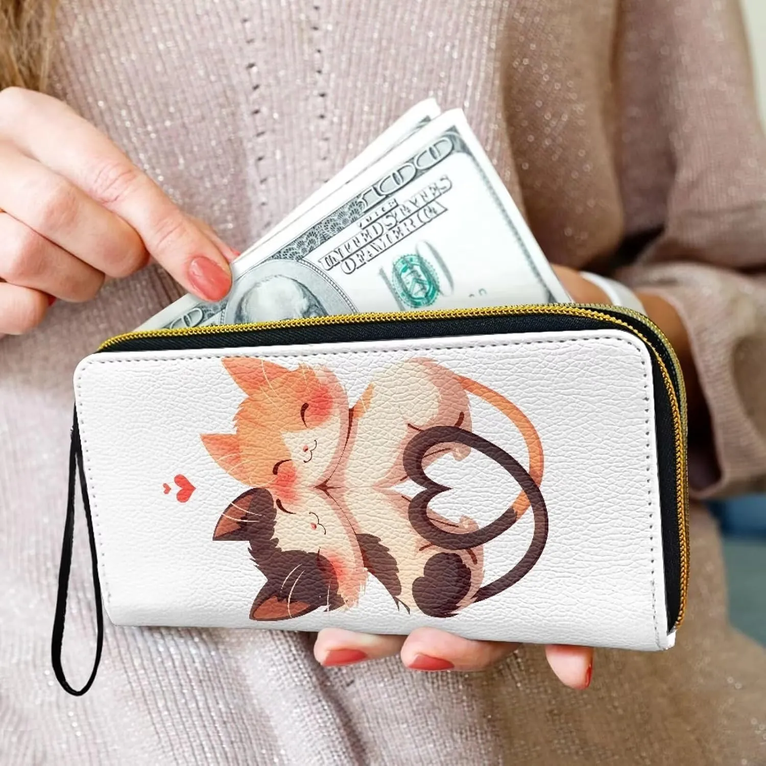 Kawaii Cat Print Women's Wallet Long Clutch White Zip Around Travel Leather Purse, Cartoon Kitty Couple Ladies Credit Card Holder Wallet