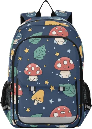 Kawaii Mushrooms Leaf Backpack for Boys Girls Elementary School Bag Kids Bookbag Travel Rucksack With Reflective Stripes