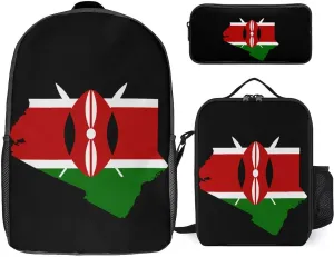 Kenya Flag Map 3Pcs Laptop Backpack Set 17 Inch Daypack with Lunch Bag Pencil Case Set for Travel Work