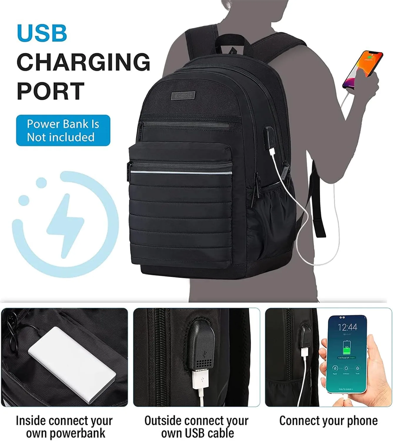 KEOFID Anti-Thief Travel Backpack for Men and Women, Backpack Purse for Women, Casual Back pack for College(Full Black)