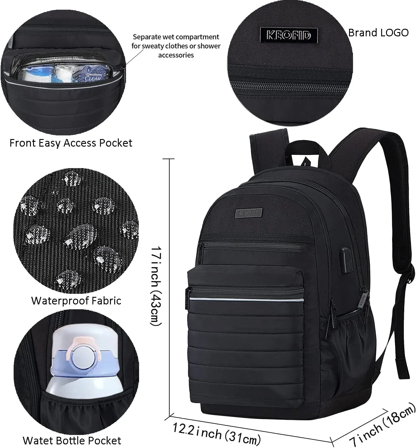 KEOFID Anti-Thief Travel Backpack for Men and Women, Backpack Purse for Women, Casual Back pack for College(Full Black)