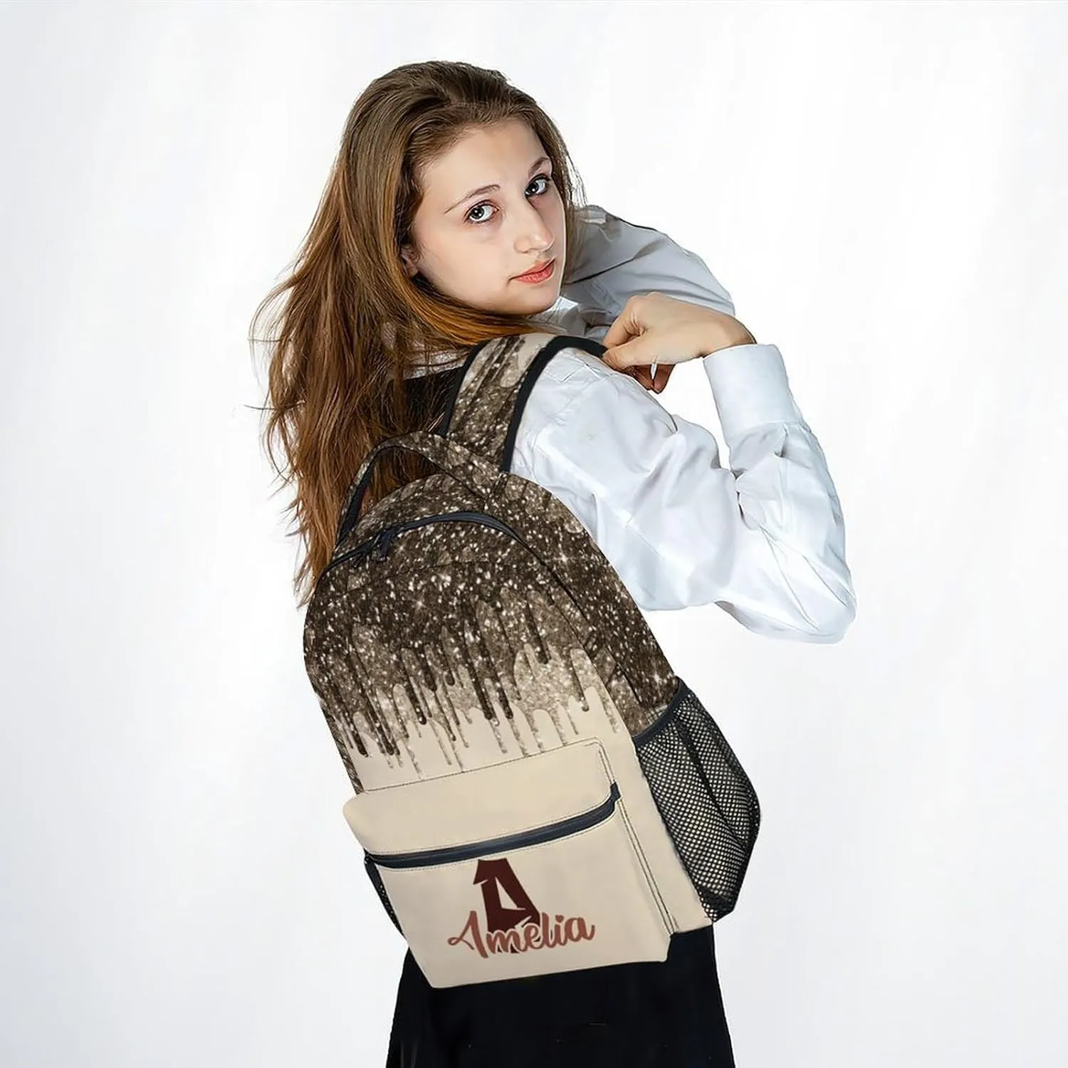 Kid Backpack for Girls - 17 Inch Custom Initials School Backpack - Large Capacity, Durable, Lightweight - White Dripping Bookbag for College, Travel and Camp