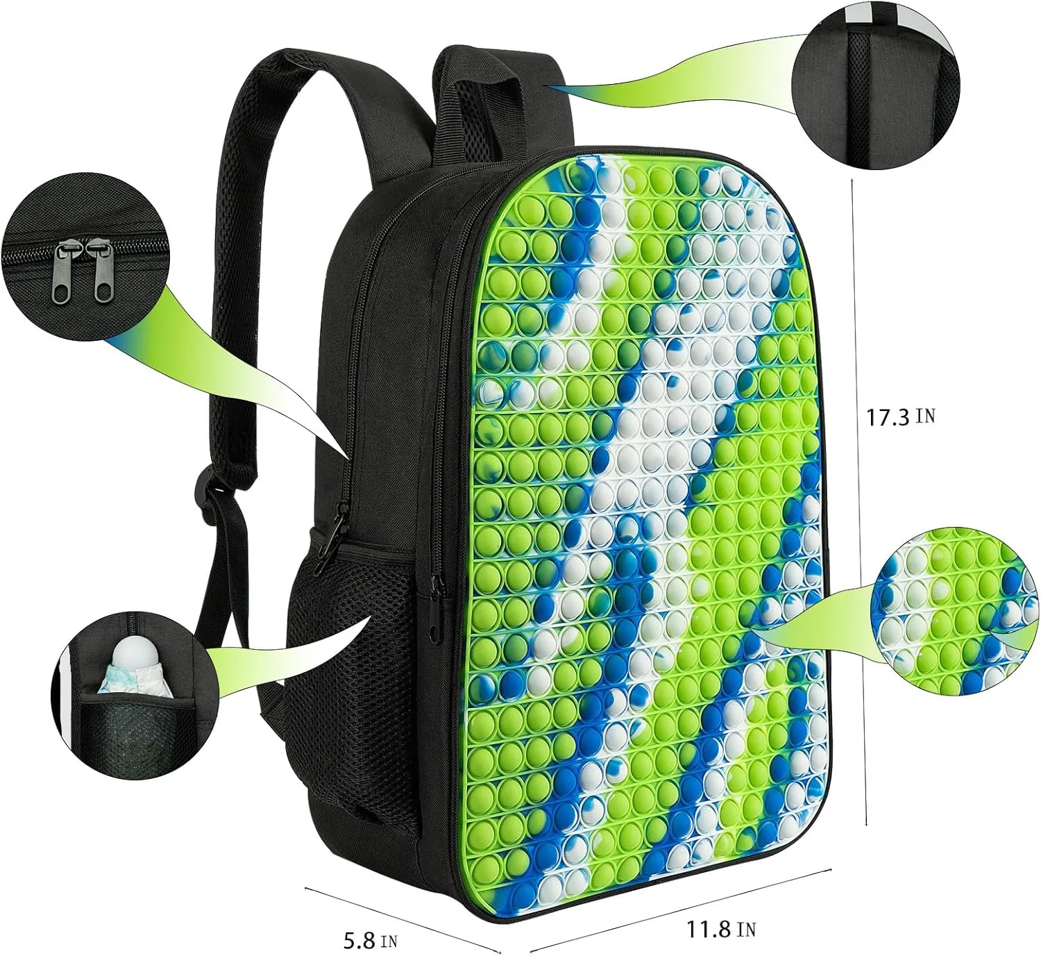 Kids Backpack Pop it Fidget Toys Backpack School Book Bag for 4-12 Year Old Boys and Girls Back to School Dual Compartments with Adjustable Straps Kids Holiday Gift Large 17" Green