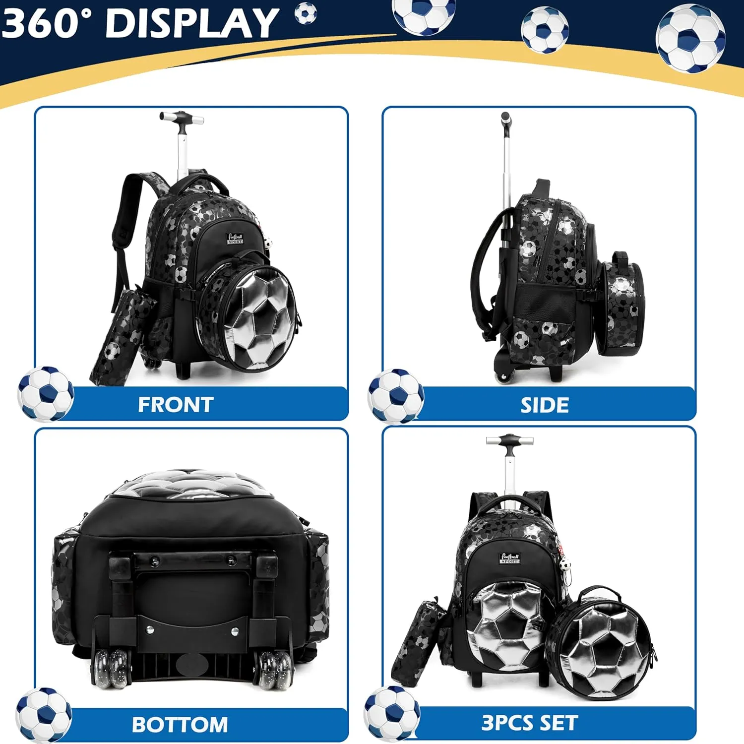 Kids Rolling Backpack for Boys Roller Backpack with Wheels Elementary Kindergarten School Students Football Trolley School Bag for Boys