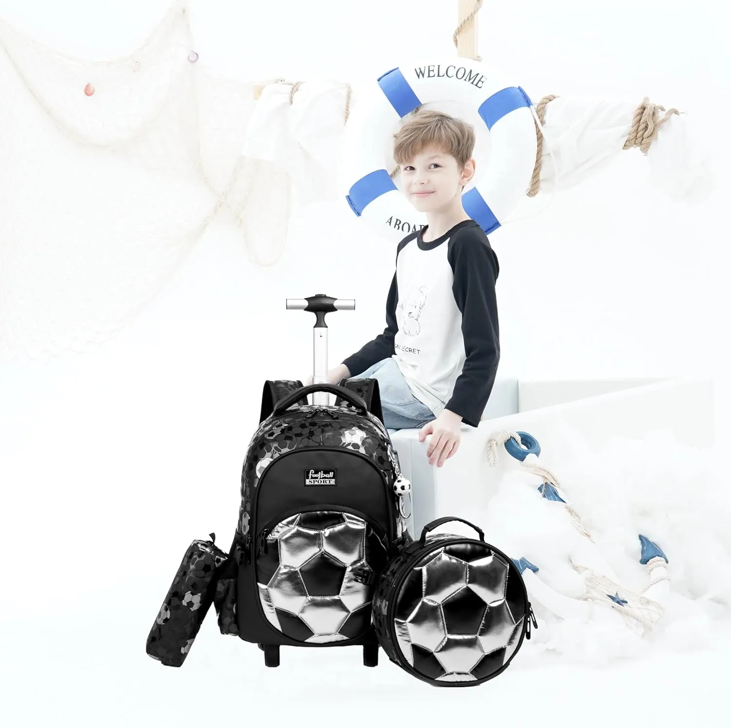 Kids Rolling Backpack for Boys Roller Backpack with Wheels Elementary Kindergarten School Students Football Trolley School Bag for Boys