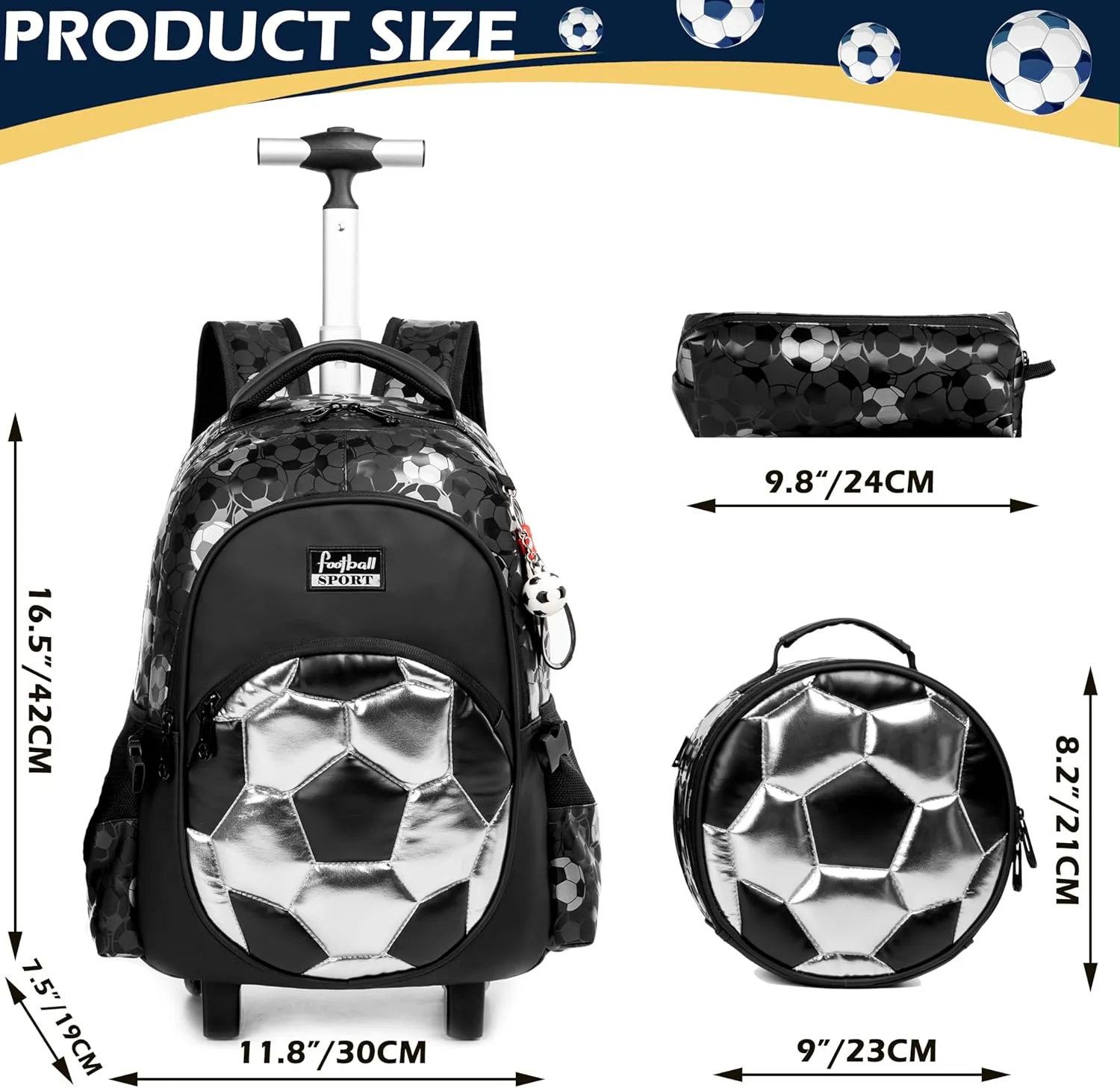 Kids Rolling Backpack for Boys Roller Backpack with Wheels Elementary Kindergarten School Students Football Trolley School Bag for Boys