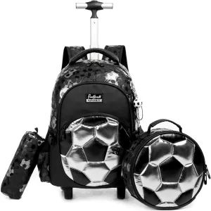 Kids Rolling Backpack for Boys Roller Backpack with Wheels Elementary Kindergarten School Students Football Trolley School Bag for Boys