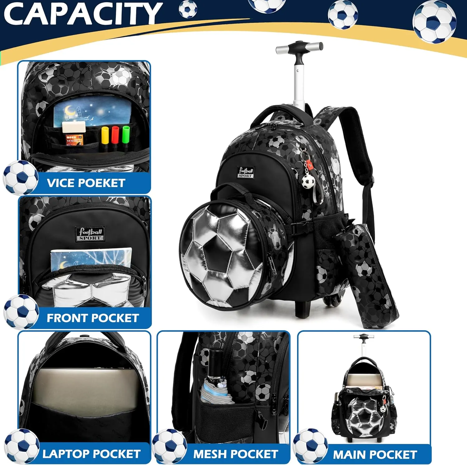 Kids Rolling Backpack for Boys Roller Backpack with Wheels Elementary Kindergarten School Students Football Trolley School Bag for Boys