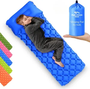 Kids Sleeping Pad for Camping and Sleepovers, Inflatable Camping Mattress with Pillow, Thick Toddler Cot Mat, Fast Inflating Sleeping Pads for Backpacking, Travel, and Adventures