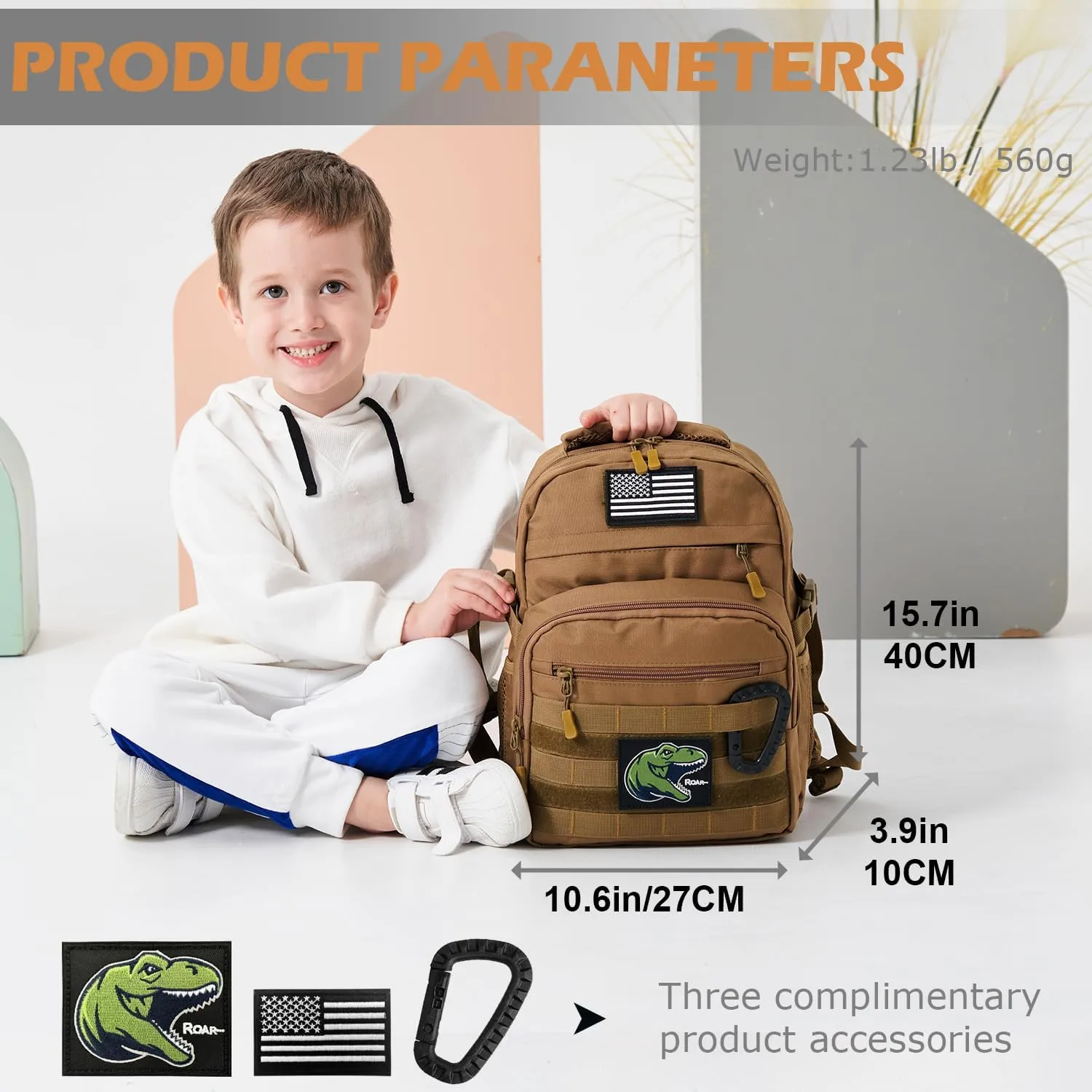 Kids Tactical Backpack 20L Military Elementary Middle School Boys Backpack Army Bookbag with Patches (Brown)
