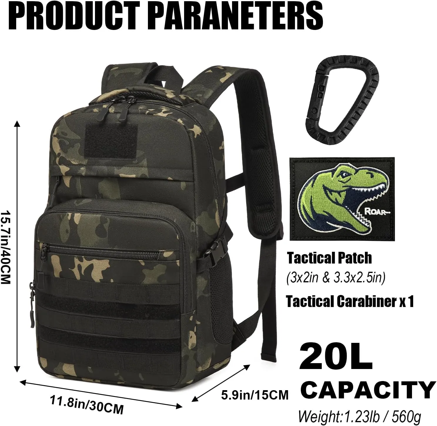Kids Tactical Backpack Army Molle Bookbag Military Boys Backpack for School, Outdoor, Camping (Includes 2 Patches 1Carabiner), Black Camo
