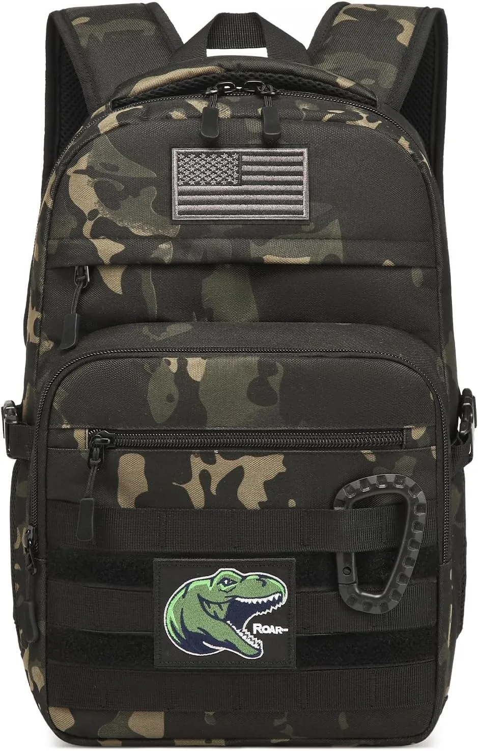 Kids Tactical Backpack Army Molle Bookbag Military Boys Backpack for School, Outdoor, Camping (Includes 2 Patches 1Carabiner), Black Camo