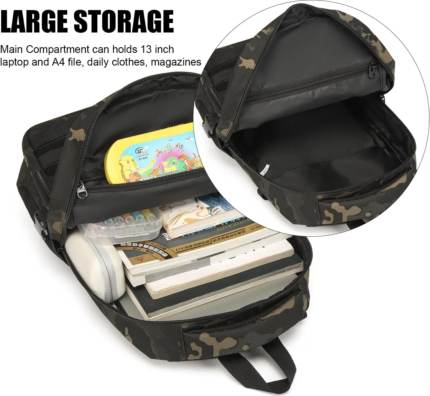 Kids Tactical Backpack Army Molle Bookbag Military Boys Backpack for School, Outdoor, Camping (Includes 2 Patches 1Carabiner), Black Camo