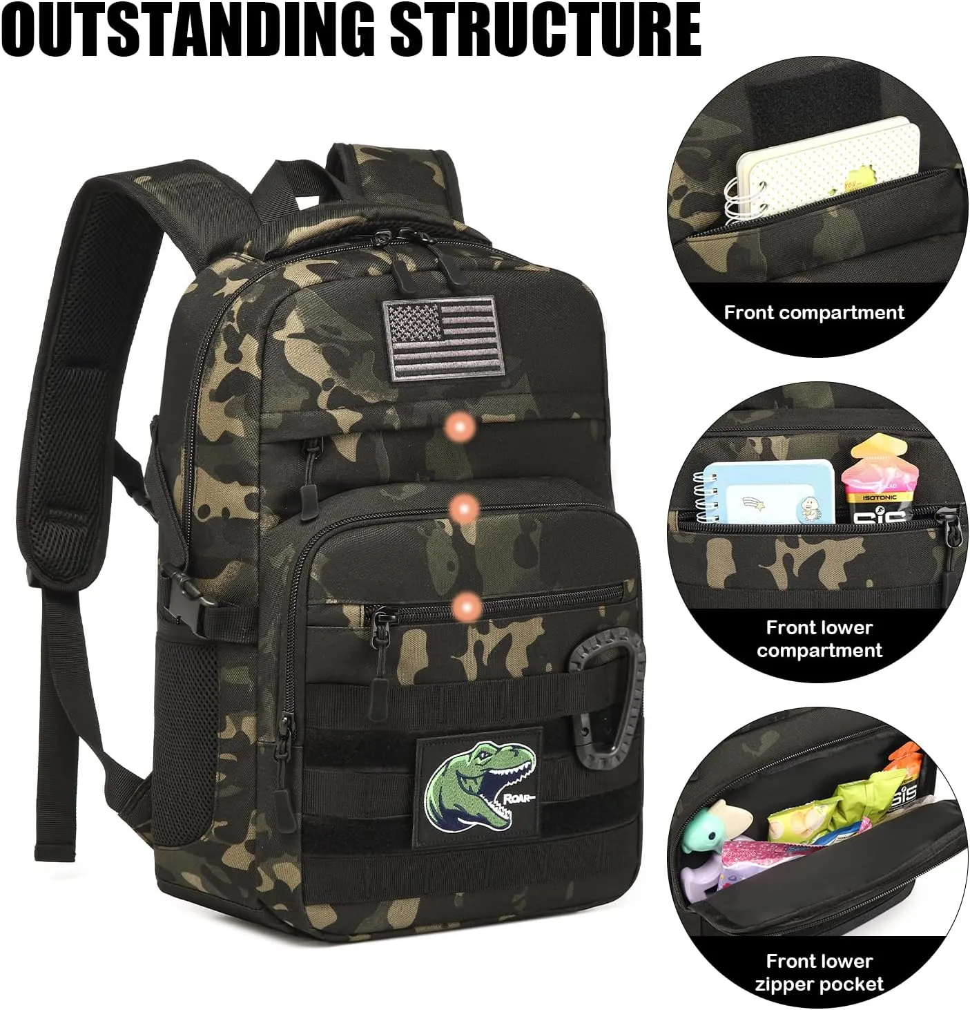 Kids Tactical Backpack Army Molle Bookbag Military Boys Backpack for School, Outdoor, Camping (Includes 2 Patches 1Carabiner), Black Camo