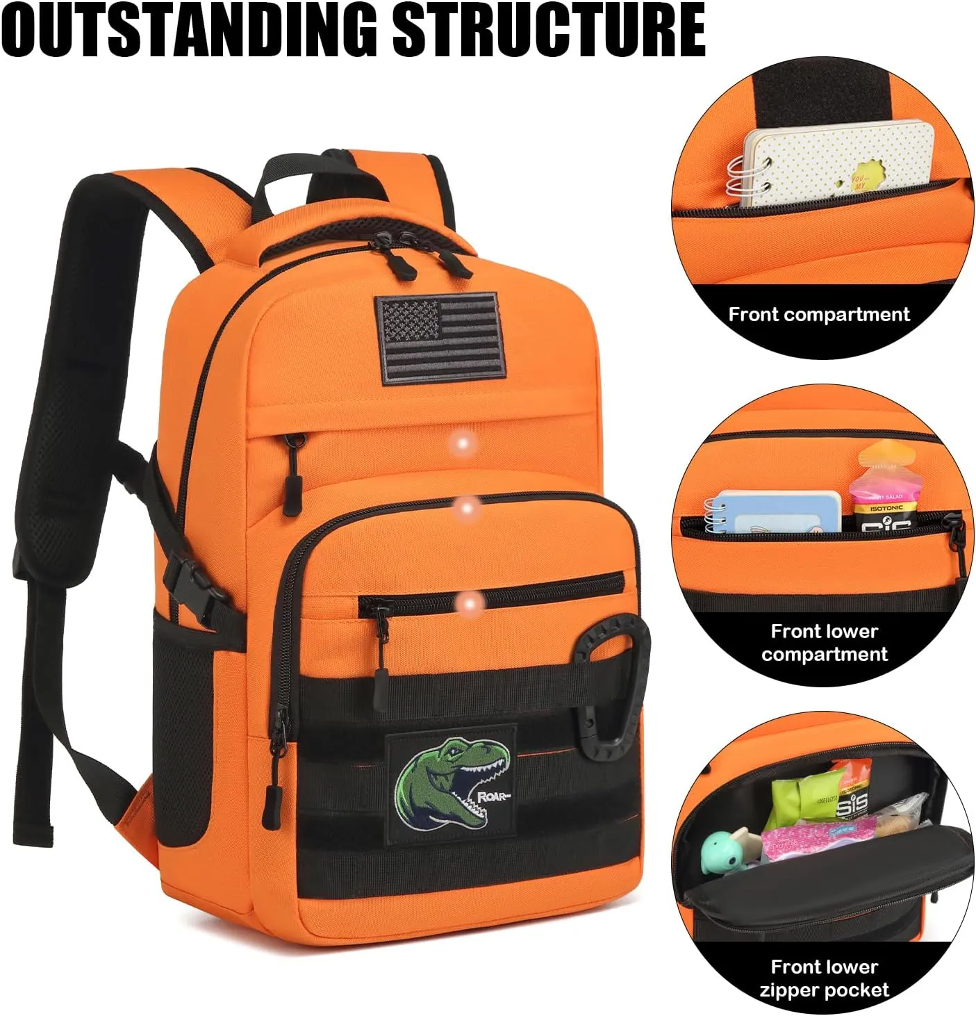 Kids Tactical Backpack Army Molle Bookbag Military Boys Backpack for School, Outdoor, Camping (Includes 2 Patches 1Carabiner), Orange