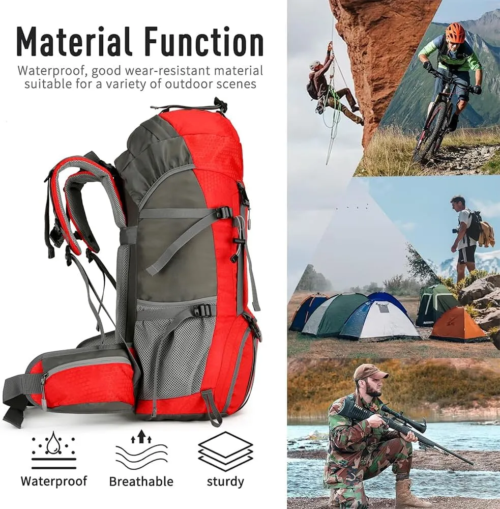 King'sGuard 60L Hiking Backpack, Waterproof Camping Backpacking Backpack for Men Outdoor Traveling Climbing Daypack with Rain Cover (Red)