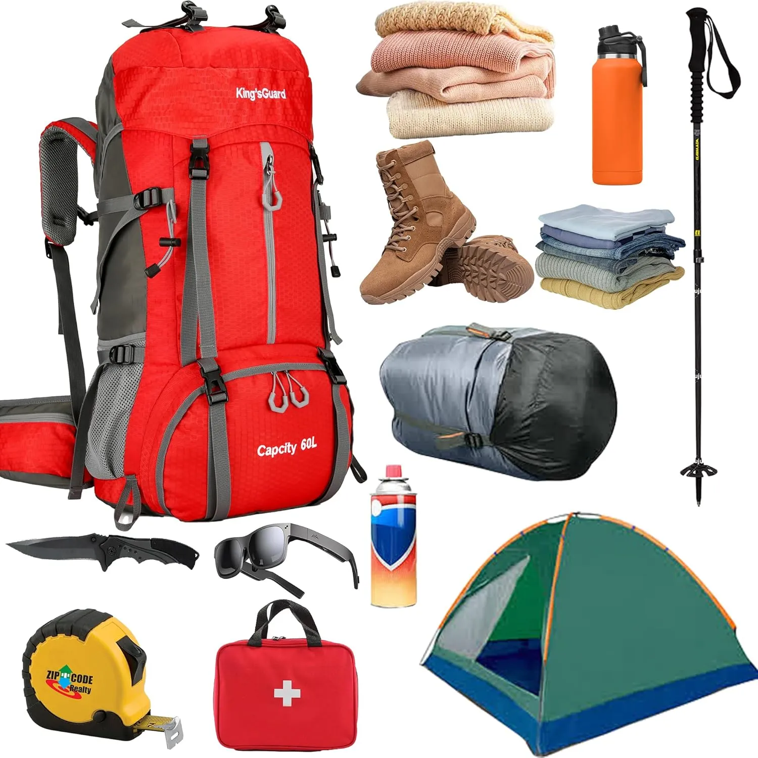 King'sGuard 60L Hiking Backpack, Waterproof Camping Backpacking Backpack for Men Outdoor Traveling Climbing Daypack with Rain Cover (Red)