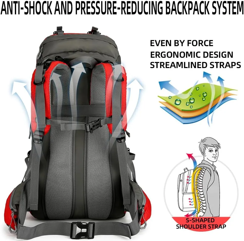 King'sGuard 60L Hiking Backpack, Waterproof Camping Backpacking Backpack for Men Outdoor Traveling Climbing Daypack with Rain Cover (Red)