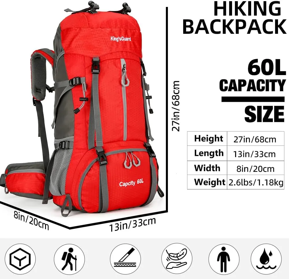 King'sGuard 60L Hiking Backpack, Waterproof Camping Backpacking Backpack for Men Outdoor Traveling Climbing Daypack with Rain Cover (Red)