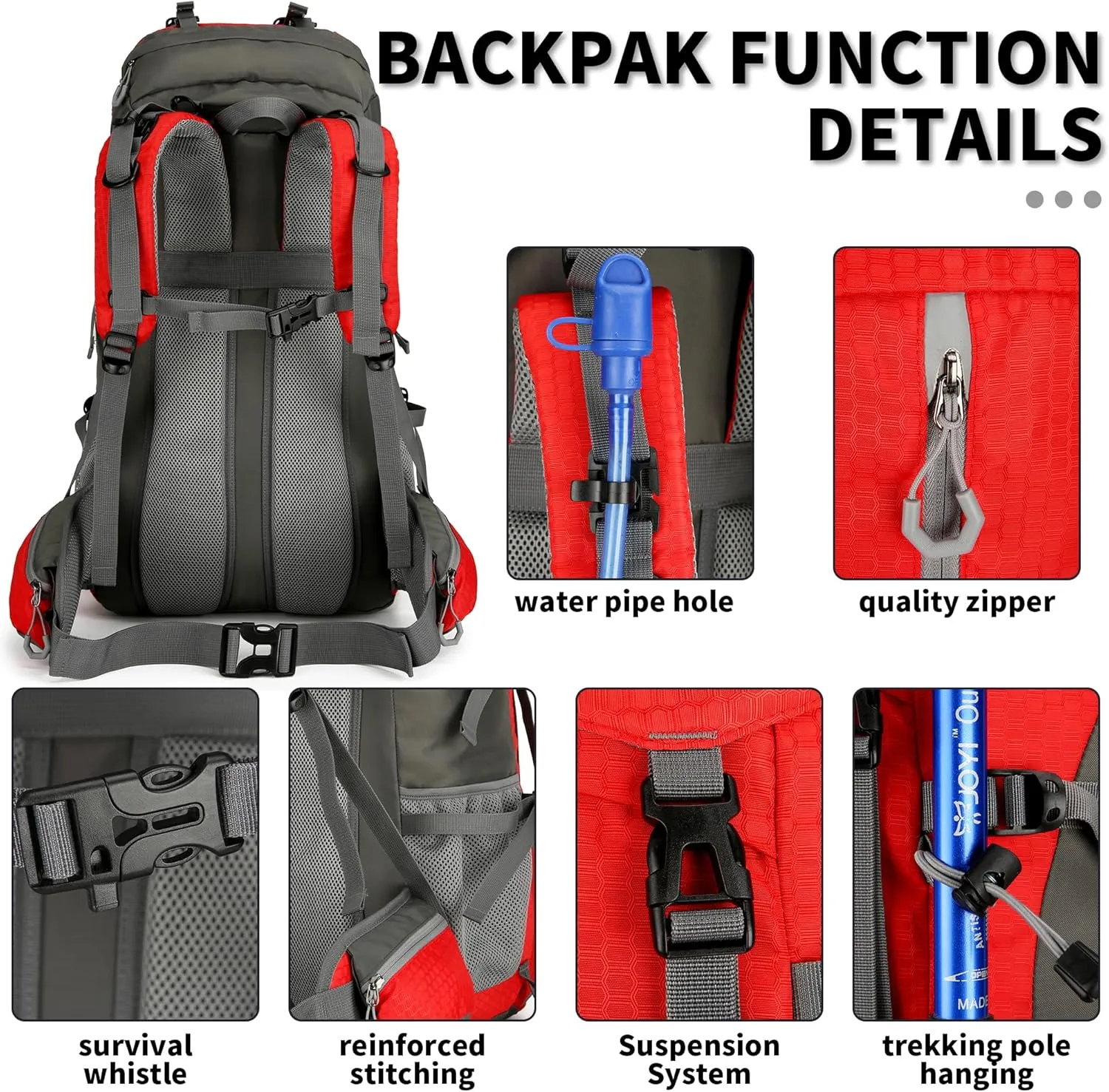 King'sGuard 60L Hiking Backpack, Waterproof Camping Backpacking Backpack for Men Outdoor Traveling Climbing Daypack with Rain Cover (Red)