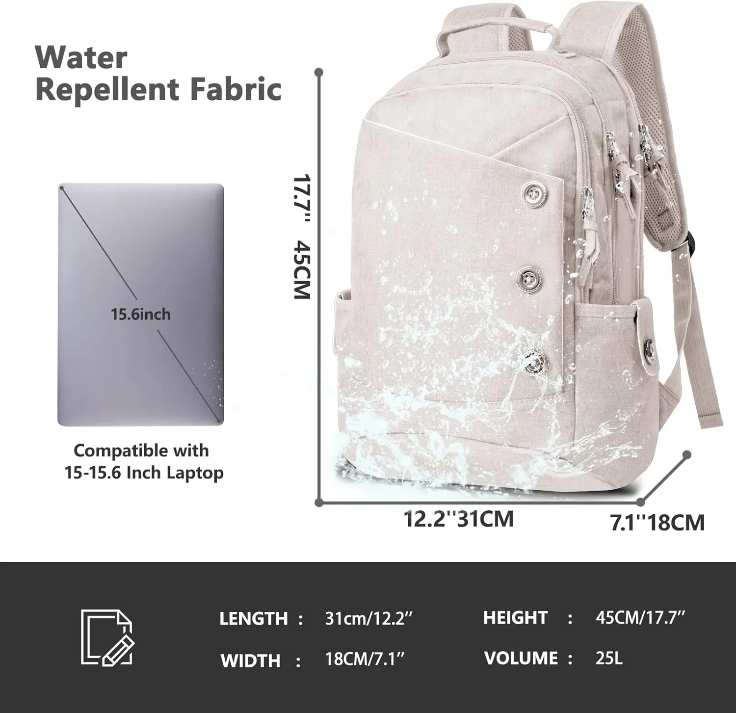 KINGSLONG 15.6 inch White Laptop Backpack, Stylish Daypack with USB Charging Port for Men Women, Water Resistant Computer Bag Notebook Bag Suitable for College Travel Work Gifts