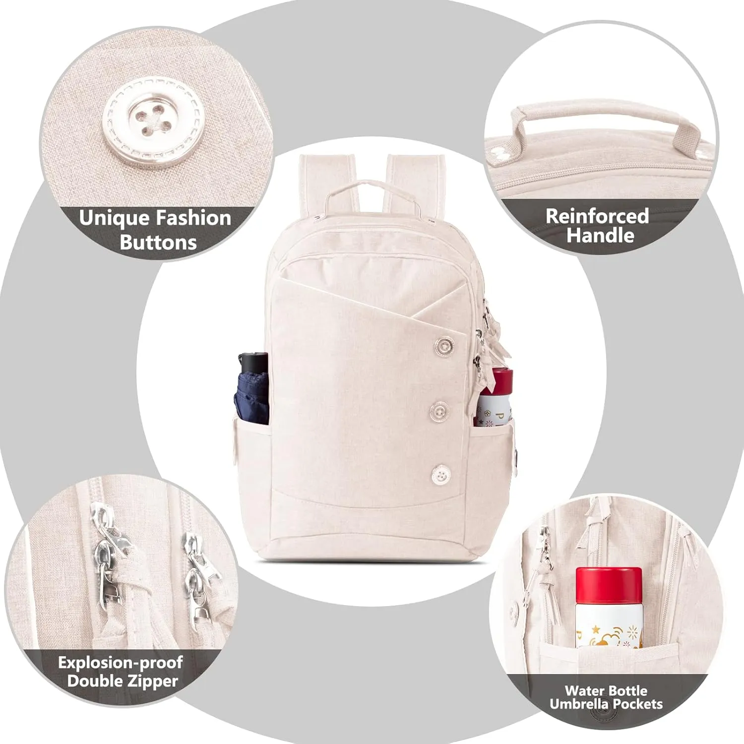 KINGSLONG 15.6 inch White Laptop Backpack, Stylish Daypack with USB Charging Port for Men Women, Water Resistant Computer Bag Notebook Bag Suitable for College Travel Work Gifts