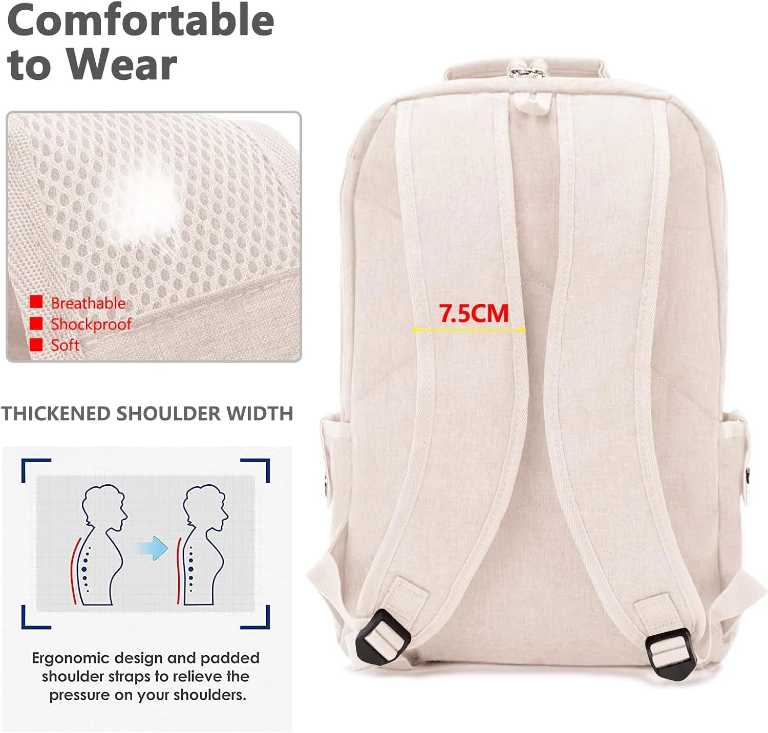 KINGSLONG 15.6 inch White Laptop Backpack, Stylish Daypack with USB Charging Port for Men Women, Water Resistant Computer Bag Notebook Bag Suitable for College Travel Work Gifts