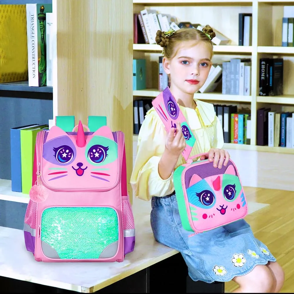 KLFVB 3PCS Backpack for Girls and Boys, 15" Unicorn Dinosaur Bookbag with Lunch Box, Kids Preschool School bag