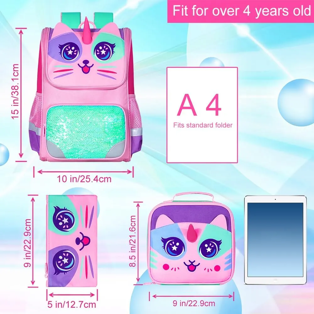 KLFVB 3PCS Backpack for Girls and Boys, 15" Unicorn Dinosaur Bookbag with Lunch Box, Kids Preschool School bag