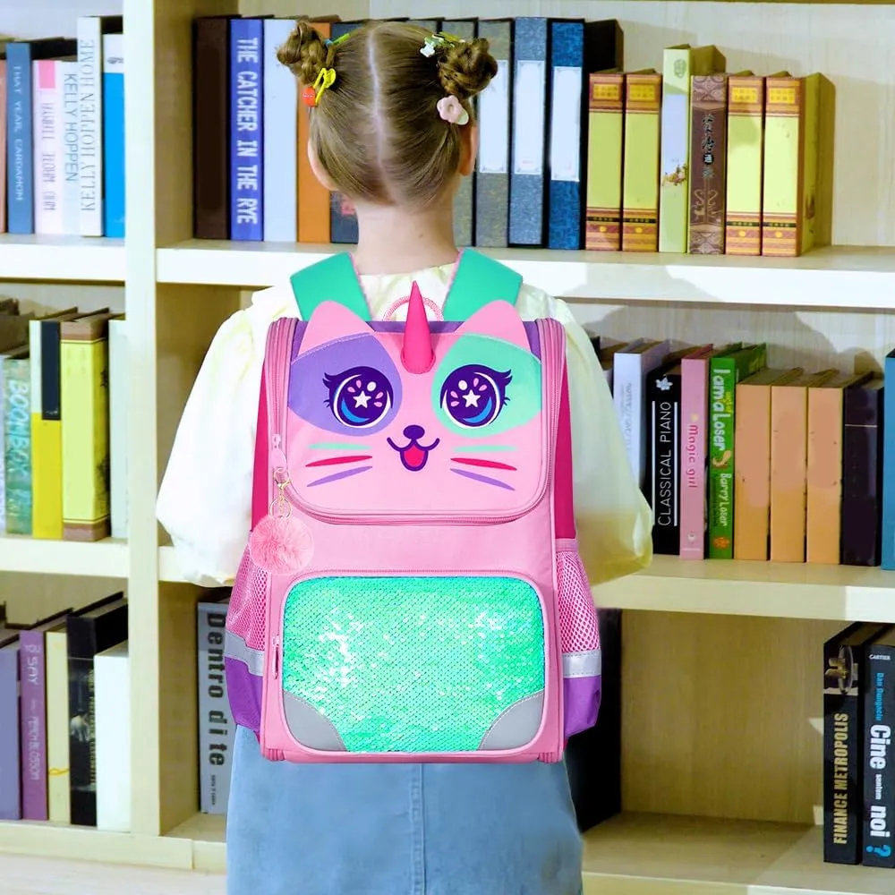 KLFVB 3PCS Backpack for Girls and Boys, 15" Unicorn Dinosaur Bookbag with Lunch Box, Kids Preschool School bag