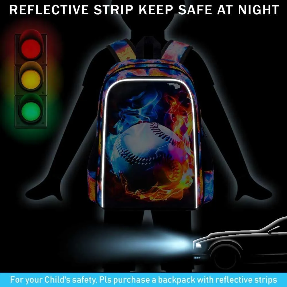 KLFVB 3PCS Boys Bookbag, 17" Kids Backpack and Lunch Box, Water Resistant Teenagers School Bag for Middle Elementary - Flame Baseball
