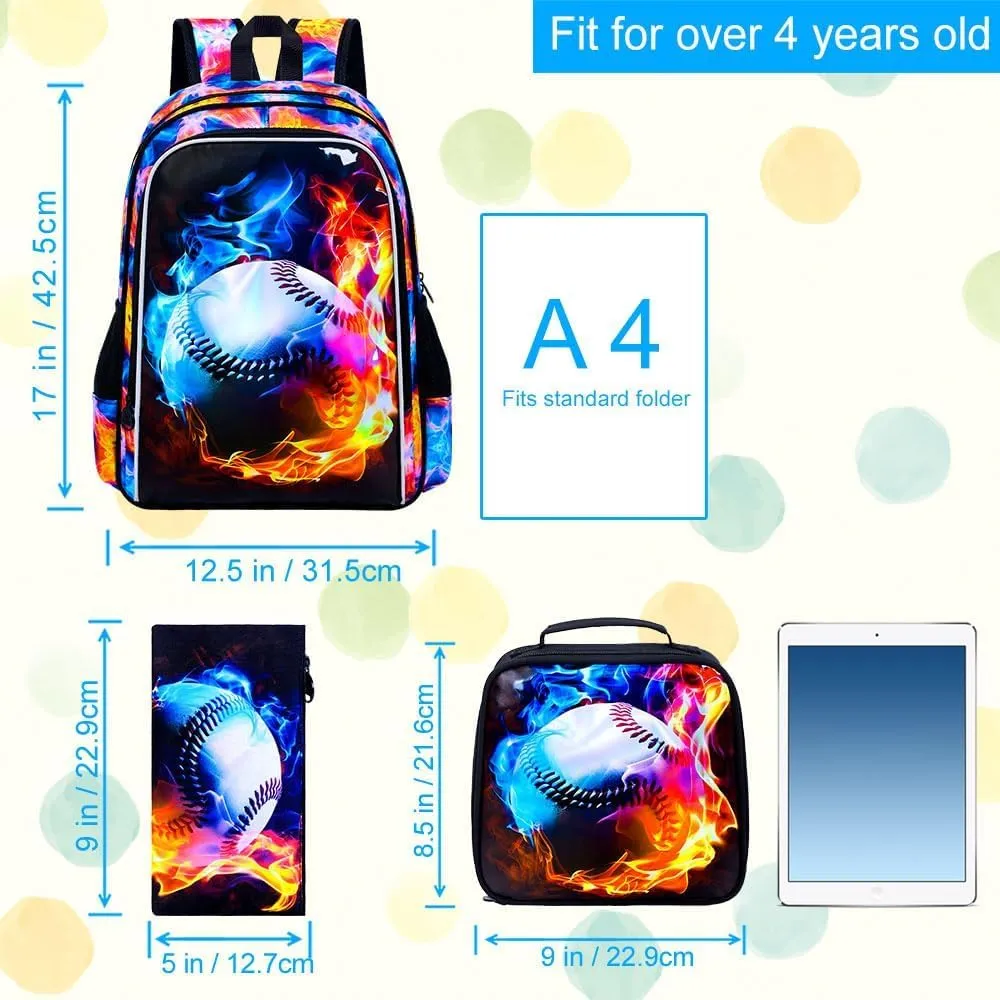 KLFVB 3PCS Boys Bookbag, 17" Kids Backpack and Lunch Box, Water Resistant Teenagers School Bag for Middle Elementary - Flame Baseball
