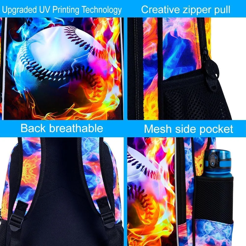 KLFVB 3PCS Boys Bookbag, 17" Kids Backpack and Lunch Box, Water Resistant Teenagers School Bag for Middle Elementary - Flame Baseball