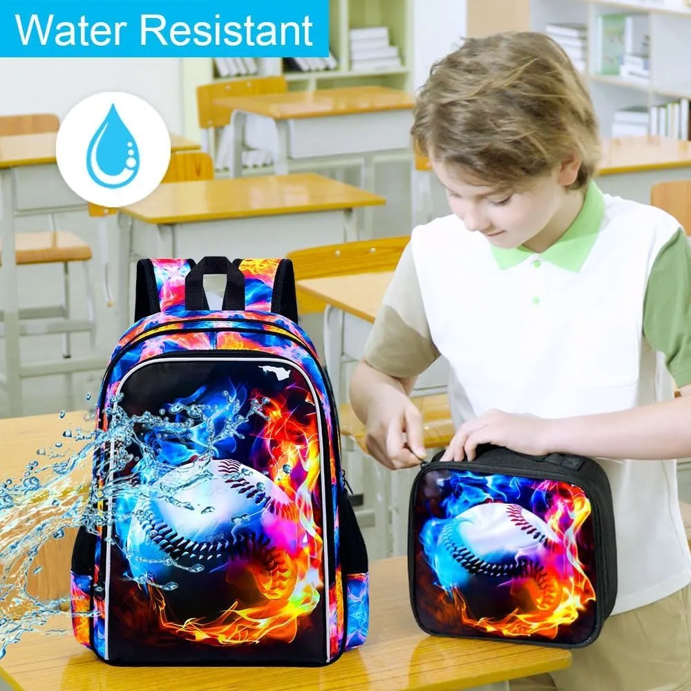 KLFVB 3PCS Boys Bookbag, 17" Kids Backpack and Lunch Box, Water Resistant Teenagers School Bag for Middle Elementary - Flame Baseball
