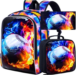 KLFVB 3PCS Boys Bookbag, 17" Kids Backpack and Lunch Box, Water Resistant Teenagers School Bag for Middle Elementary - Flame Baseball