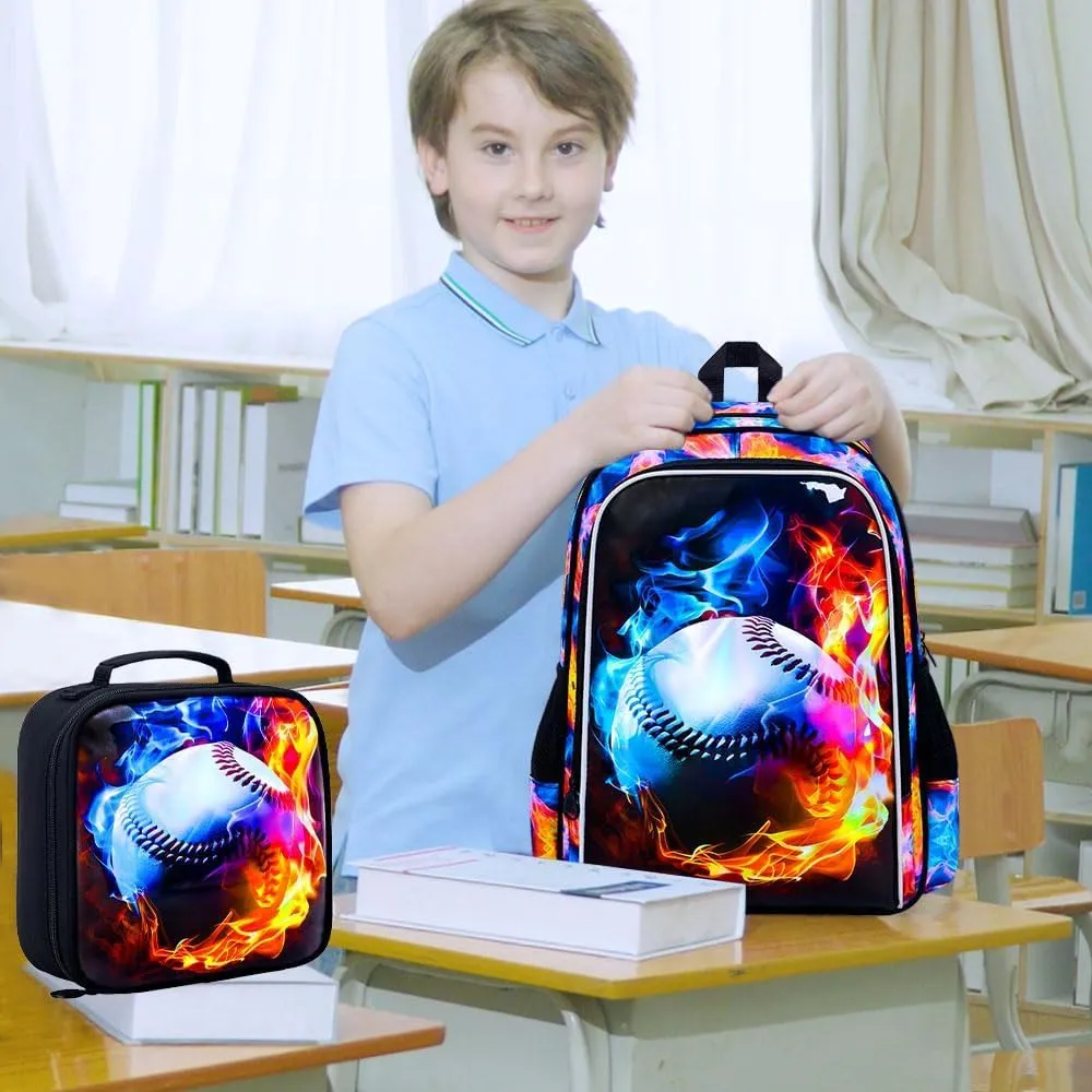 KLFVB 3PCS Boys Bookbag, 17" Kids Backpack and Lunch Box, Water Resistant Teenagers School Bag for Middle Elementary - Flame Baseball