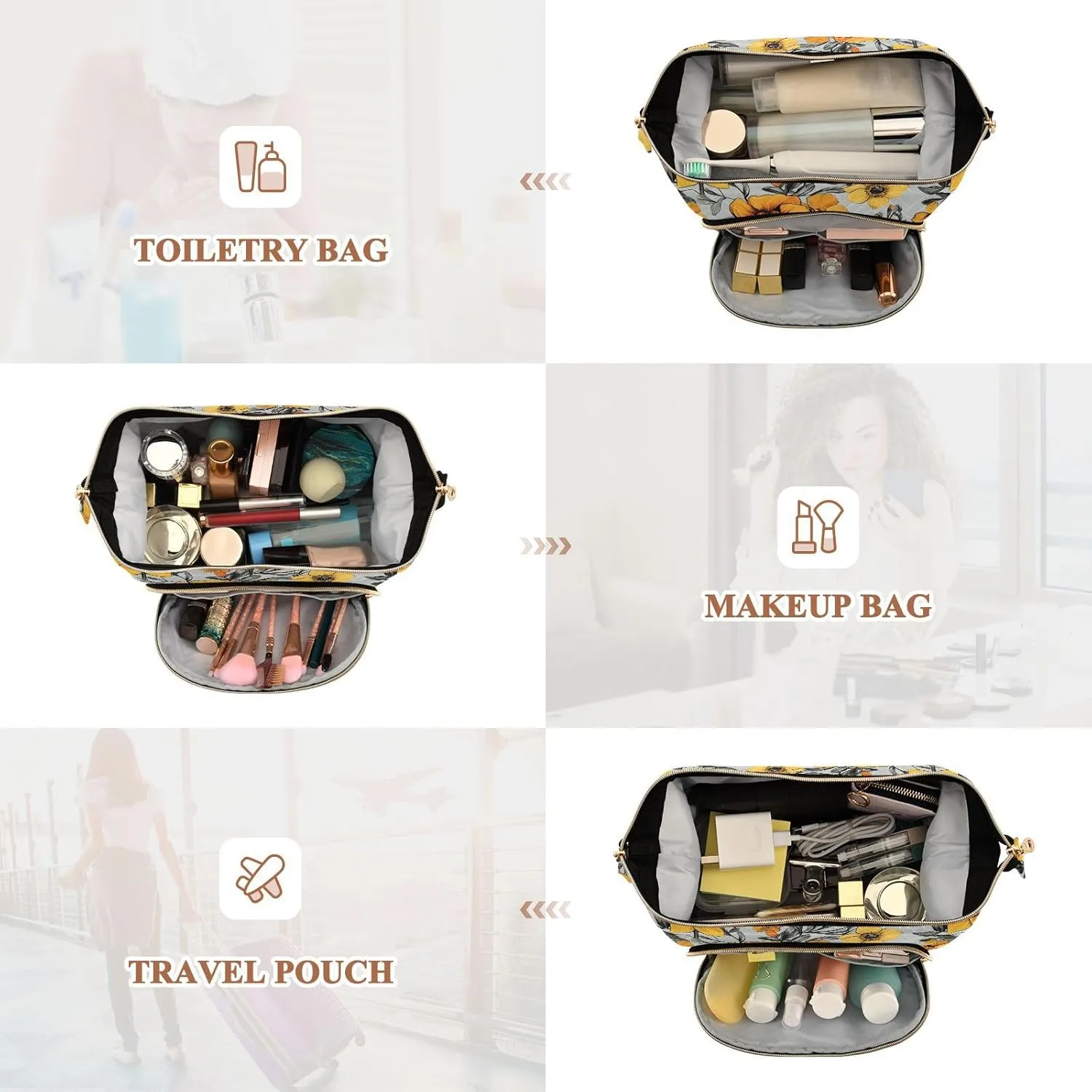 KLL Flowers Daffodil Anemone Dahlia Silver Makeup Bag Zipper Toiletry Travel Bag Women's Coin Purse Wallet for Toiletry Organizer