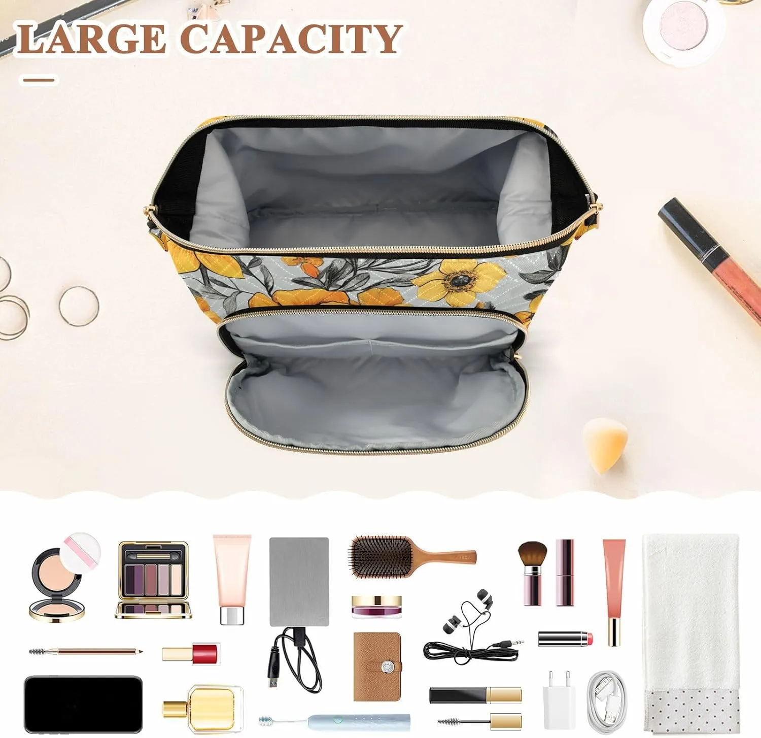 KLL Flowers Daffodil Anemone Dahlia Silver Makeup Bag Zipper Toiletry Travel Bag Women's Coin Purse Wallet for Toiletry Organizer