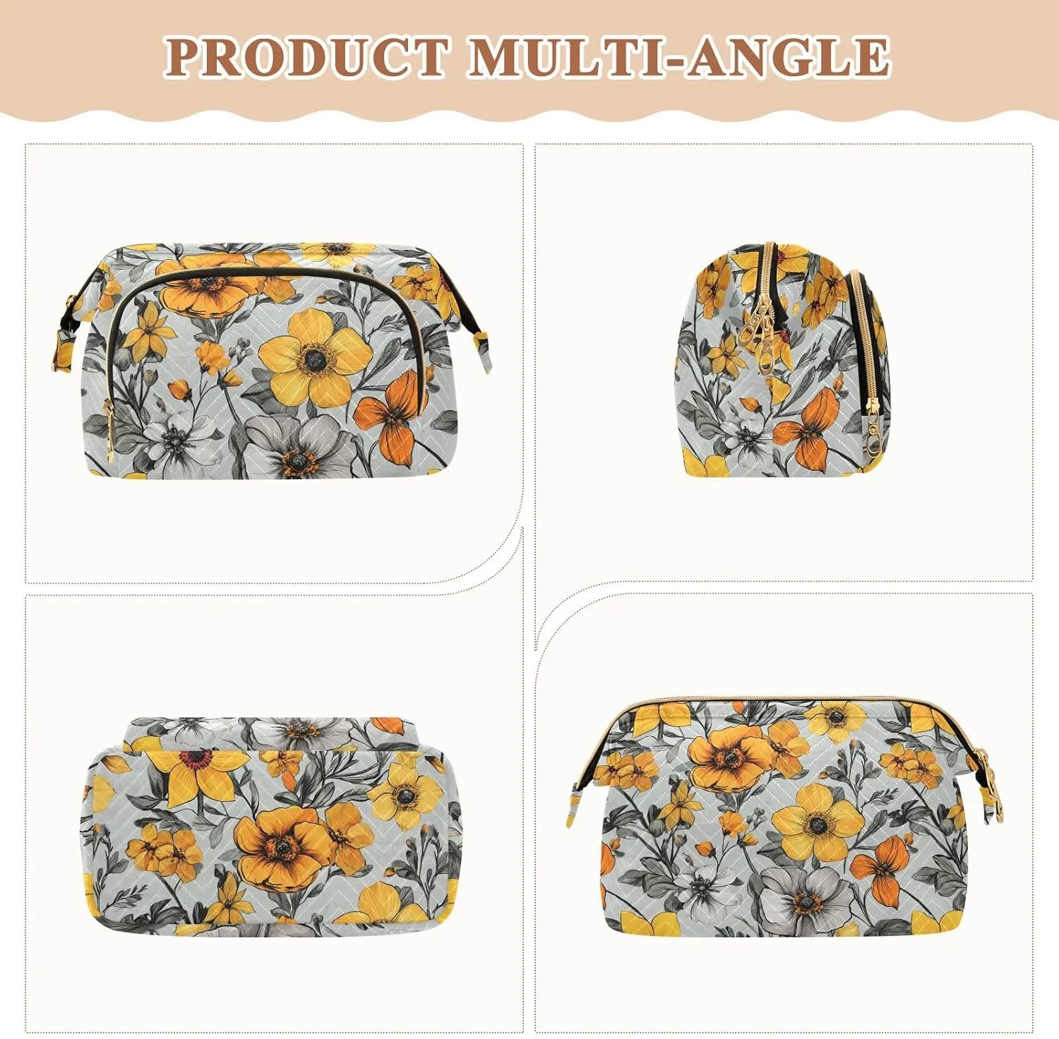 KLL Flowers Daffodil Anemone Dahlia Silver Makeup Bag Zipper Toiletry Travel Bag Women's Coin Purse Wallet for Toiletry Organizer