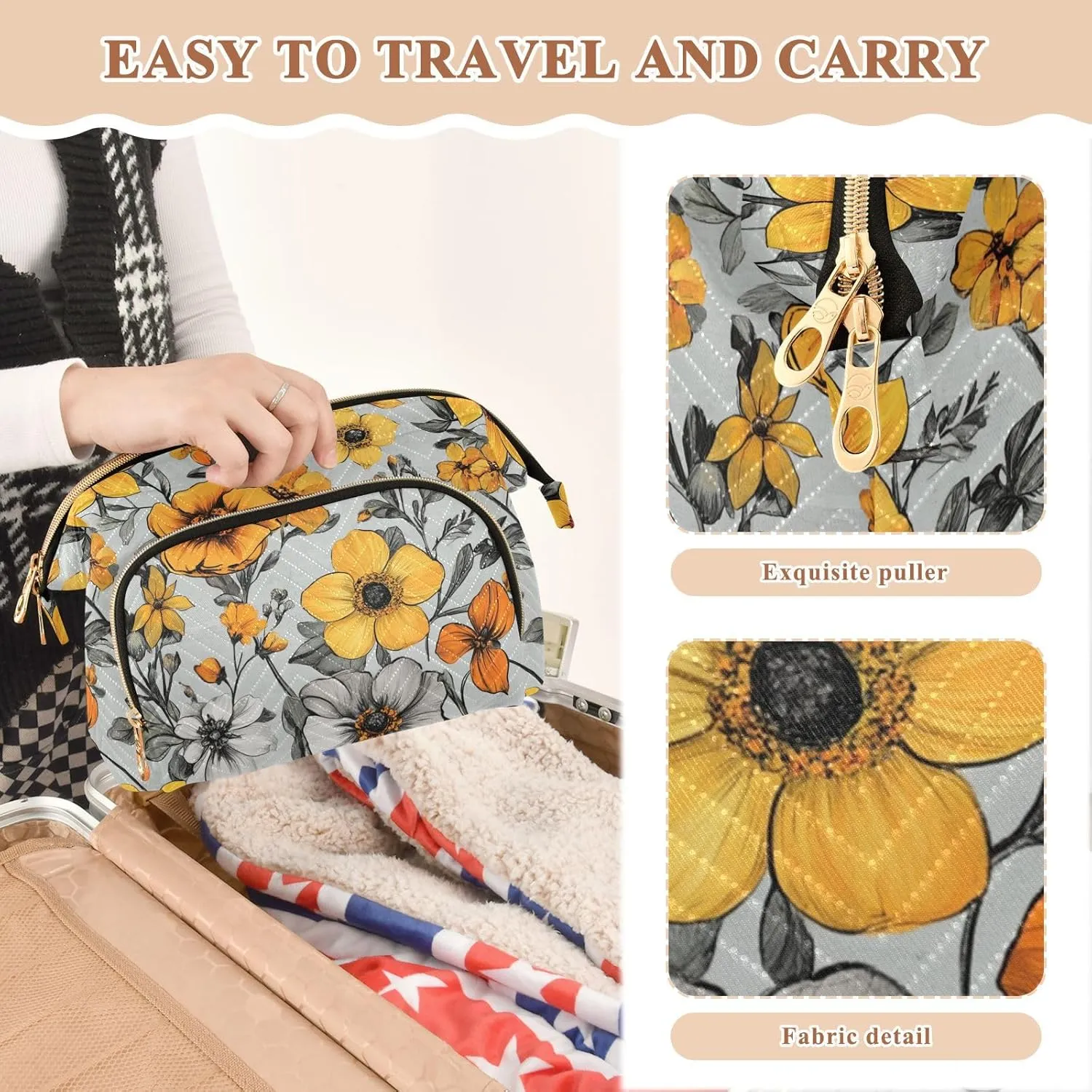 KLL Flowers Daffodil Anemone Dahlia Silver Makeup Bag Zipper Toiletry Travel Bag Women's Coin Purse Wallet for Toiletry Organizer