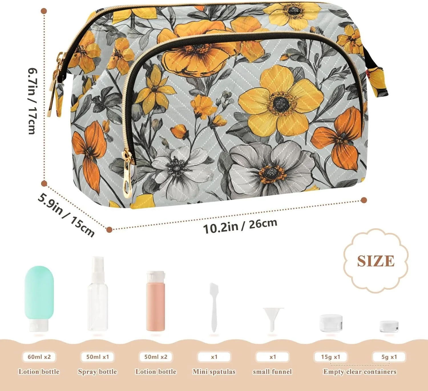 KLL Flowers Daffodil Anemone Dahlia Silver Makeup Bag Zipper Toiletry Travel Bag Women's Coin Purse Wallet for Toiletry Organizer