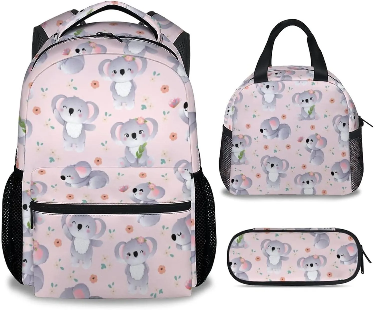 Koala Backpack with Lunch Box, Set of 3 School Backpacks Matching Combo for Girls Boys, Cute Pink Bookbag and Pencil Case Bundle