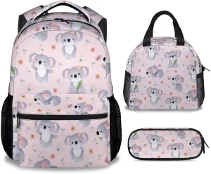 Koala Backpack with Lunch Box, Set of 3 School Backpacks Matching Combo for Girls Boys, Cute Pink Bookbag and Pencil Case Bundle