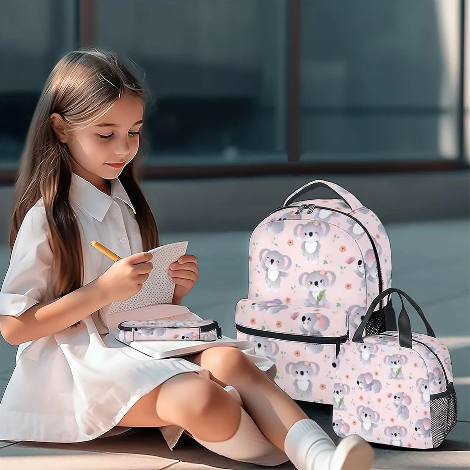 Koala Backpack with Lunch Box, Set of 3 School Backpacks Matching Combo for Girls Boys, Cute Pink Bookbag and Pencil Case Bundle
