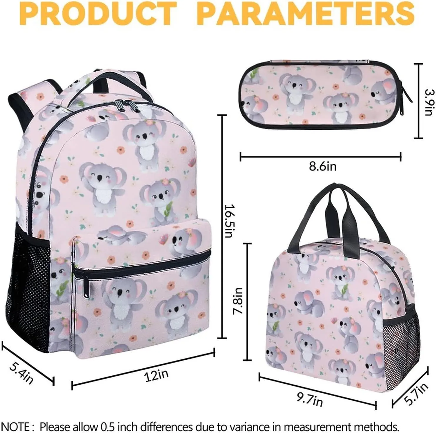 Koala Backpack with Lunch Box, Set of 3 School Backpacks Matching Combo for Girls Boys, Cute Pink Bookbag and Pencil Case Bundle