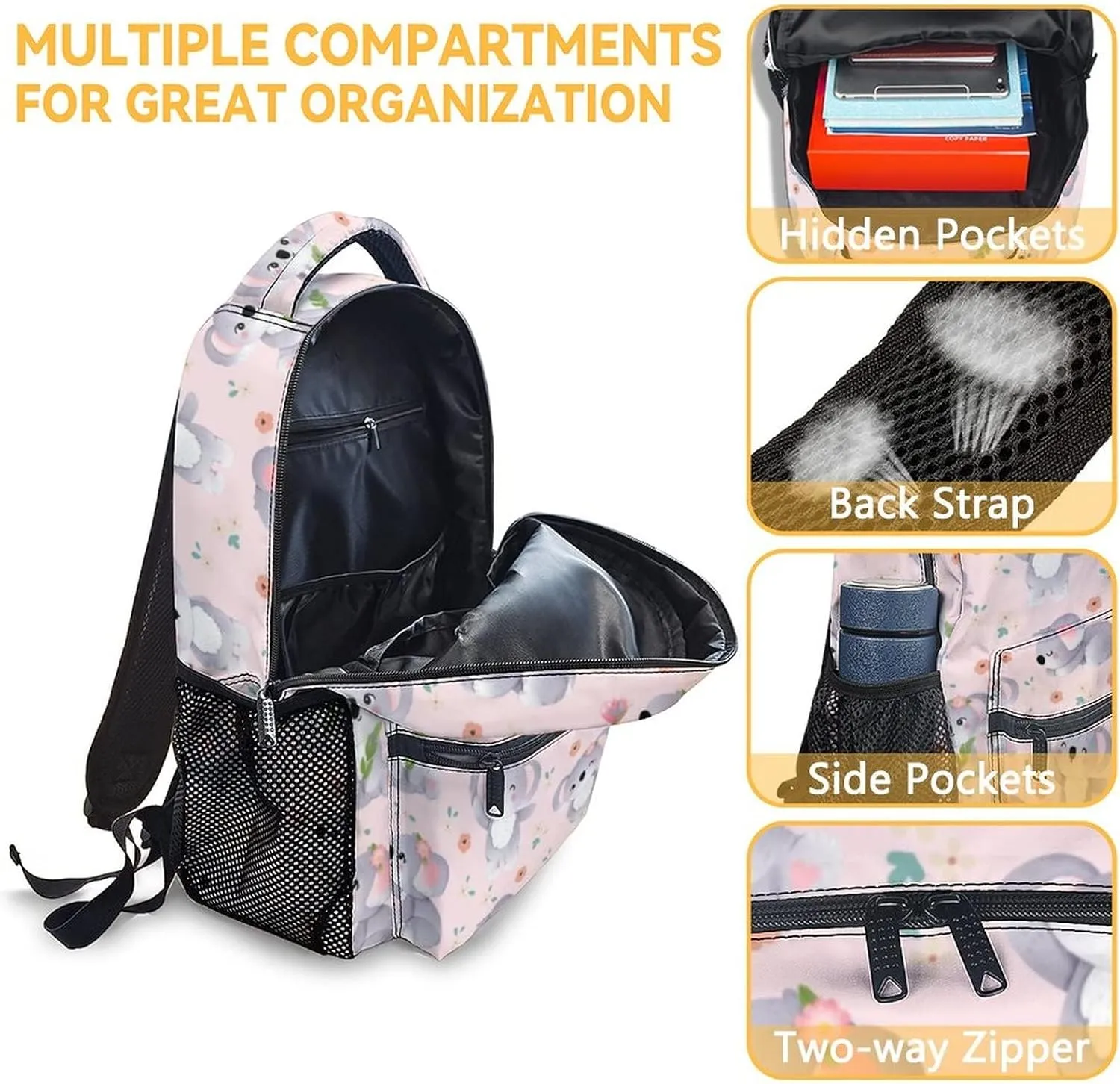 Koala Backpack with Lunch Box, Set of 3 School Backpacks Matching Combo for Girls Boys, Cute Pink Bookbag and Pencil Case Bundle