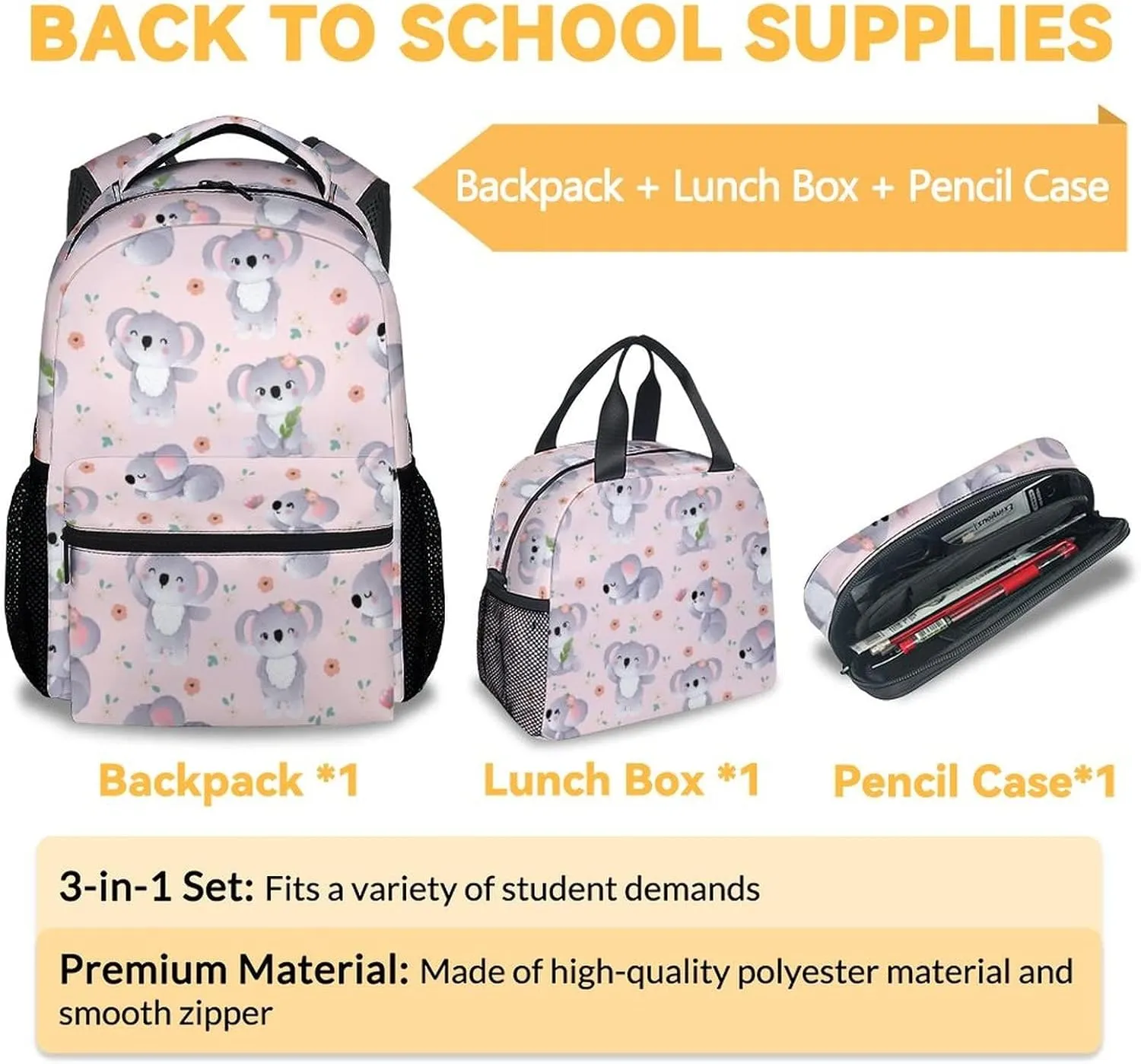 Koala Backpack with Lunch Box, Set of 3 School Backpacks Matching Combo for Girls Boys, Cute Pink Bookbag and Pencil Case Bundle